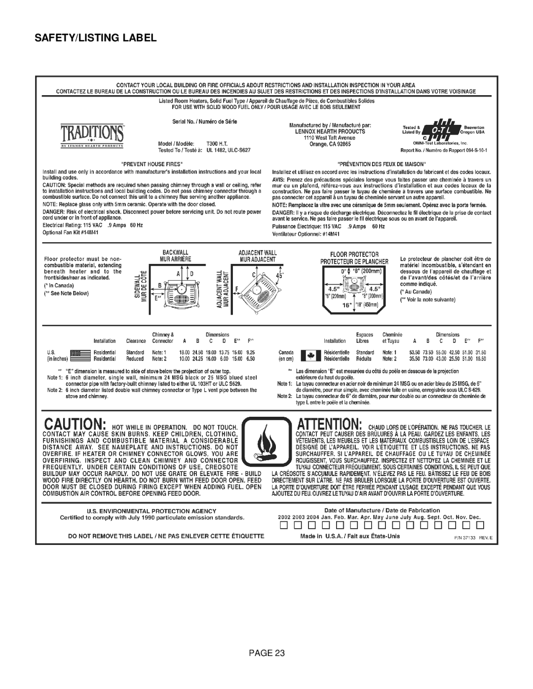 Lennox Hearth T300HT manual SAFETY/LISTING Label 