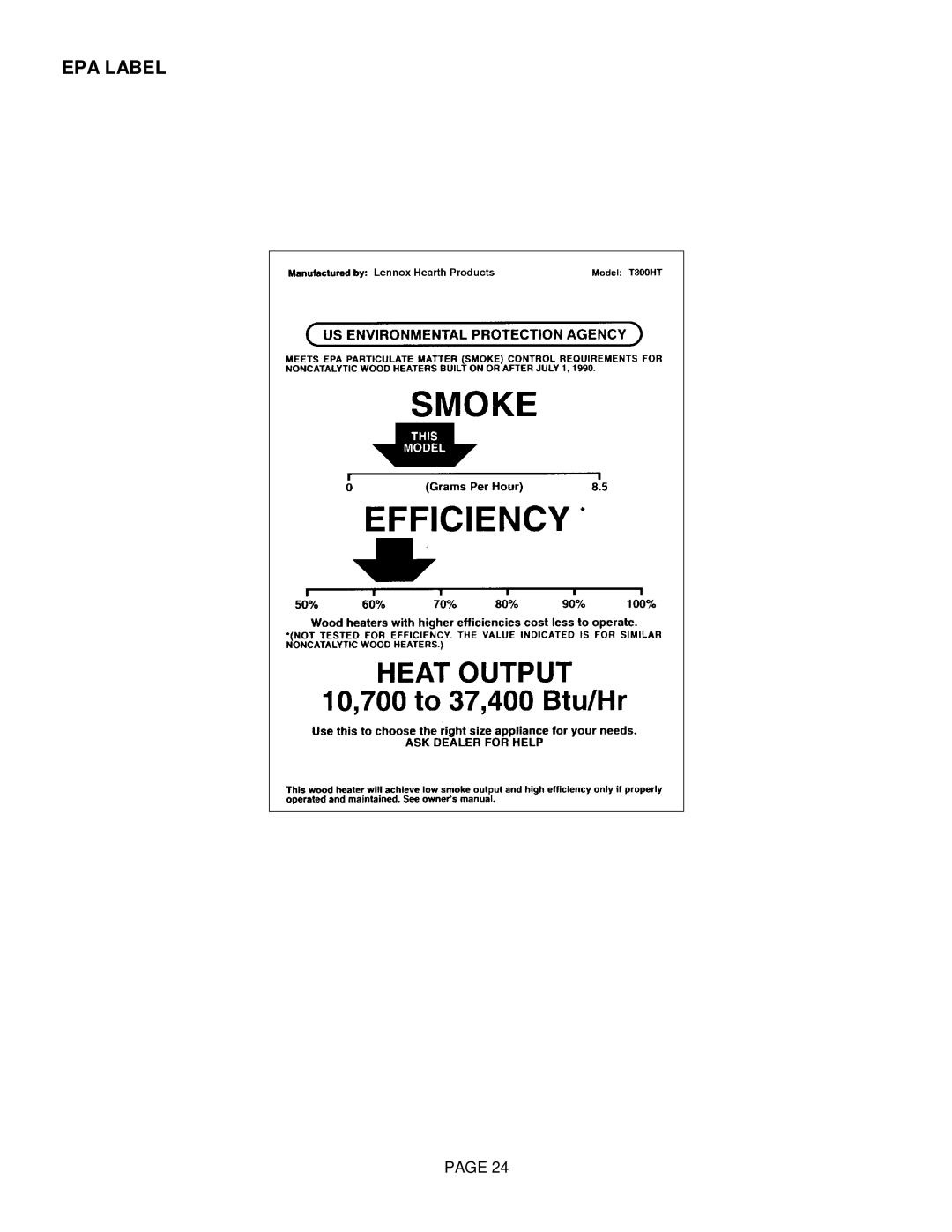 Lennox Hearth T300HT manual EPA Label 