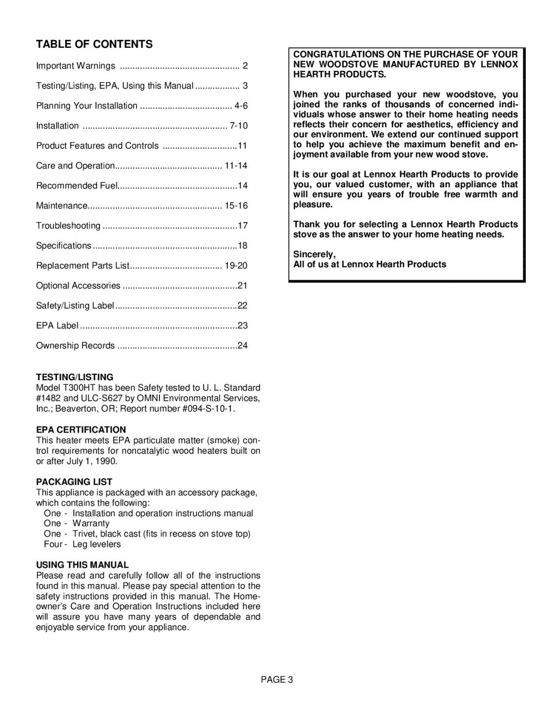 Lennox Hearth T300HT manual Table of Contents 