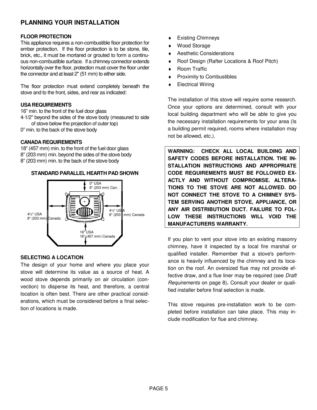 Lennox Hearth T300HT manual Floor Protection, USA Requirements, Canada Requirements, Standard Parallel Hearth PAD Shown 