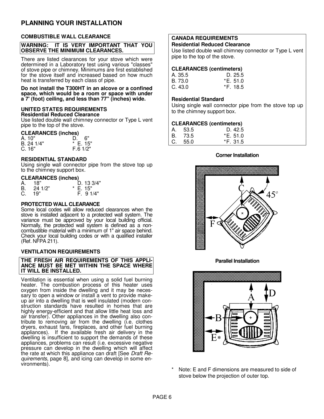 Lennox Hearth T300HT manual Combustible Wall Clearance, United States Requirements, Residential Standard 