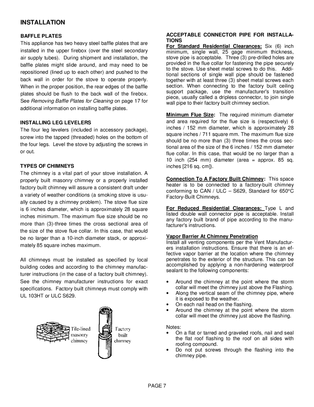 Lennox Hearth T300HT manual Installation, Baffle Plates, Installing LEG Levelers, Types of Chimneys 