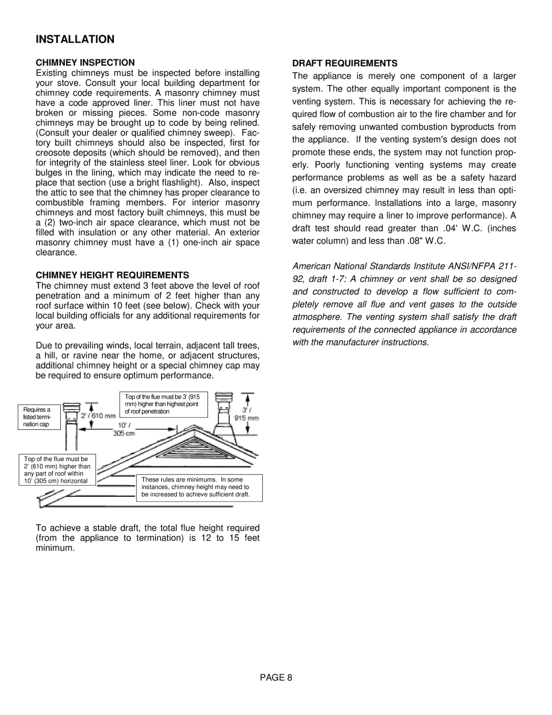 Lennox Hearth T300HT manual Chimney Inspection, Chimney Height Requirements, Draft Requirements 