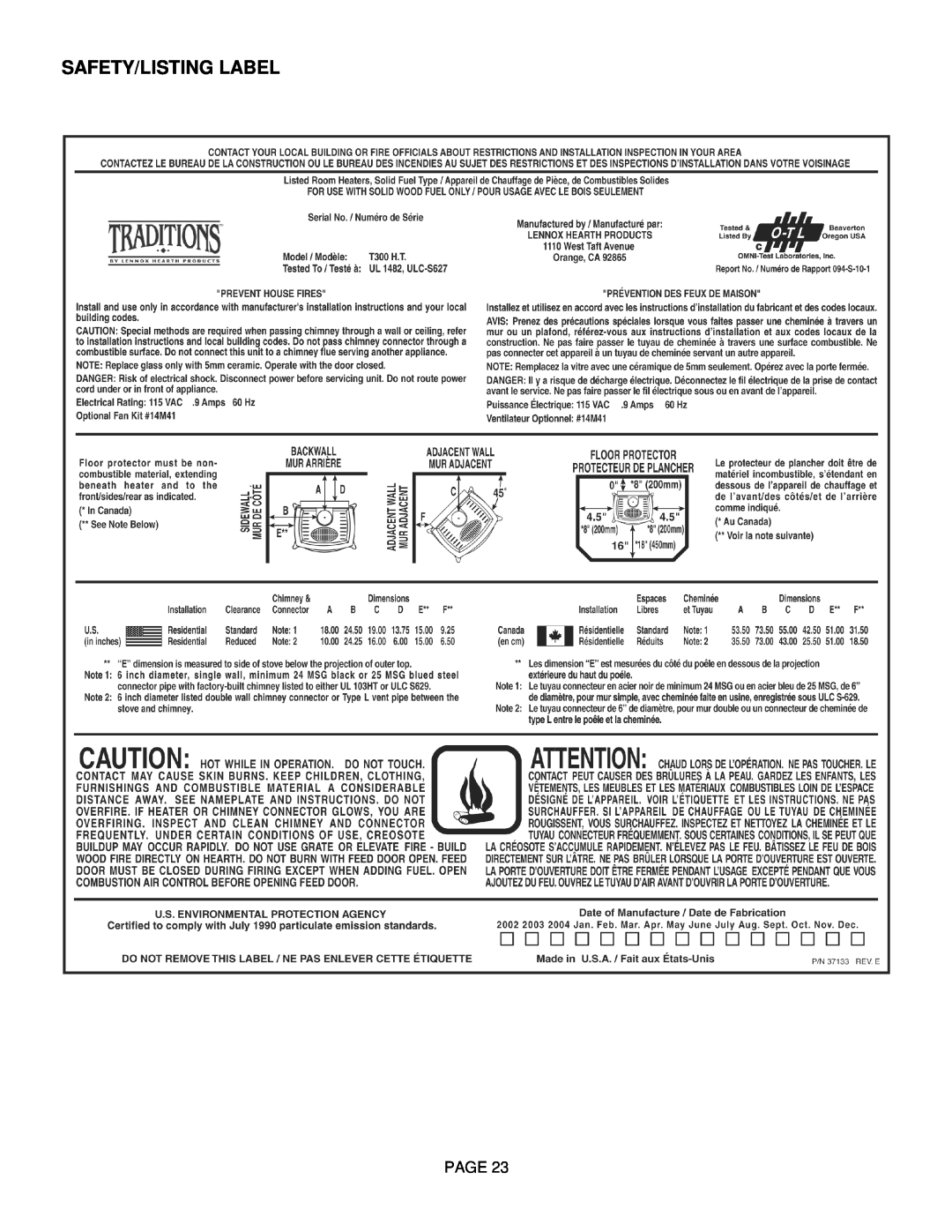 Lennox Hearth T300HT manual Safety/Listing Label, Page 