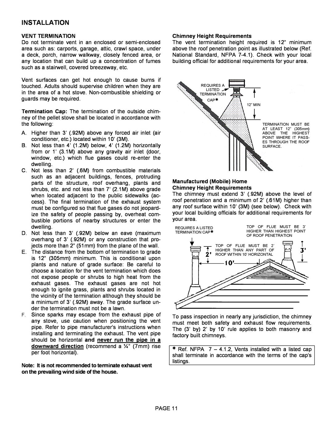 Lennox Hearth T300P operation manual Installation, Vent Termination, Chimney Height Requirements, Manufactured Mobile Home 