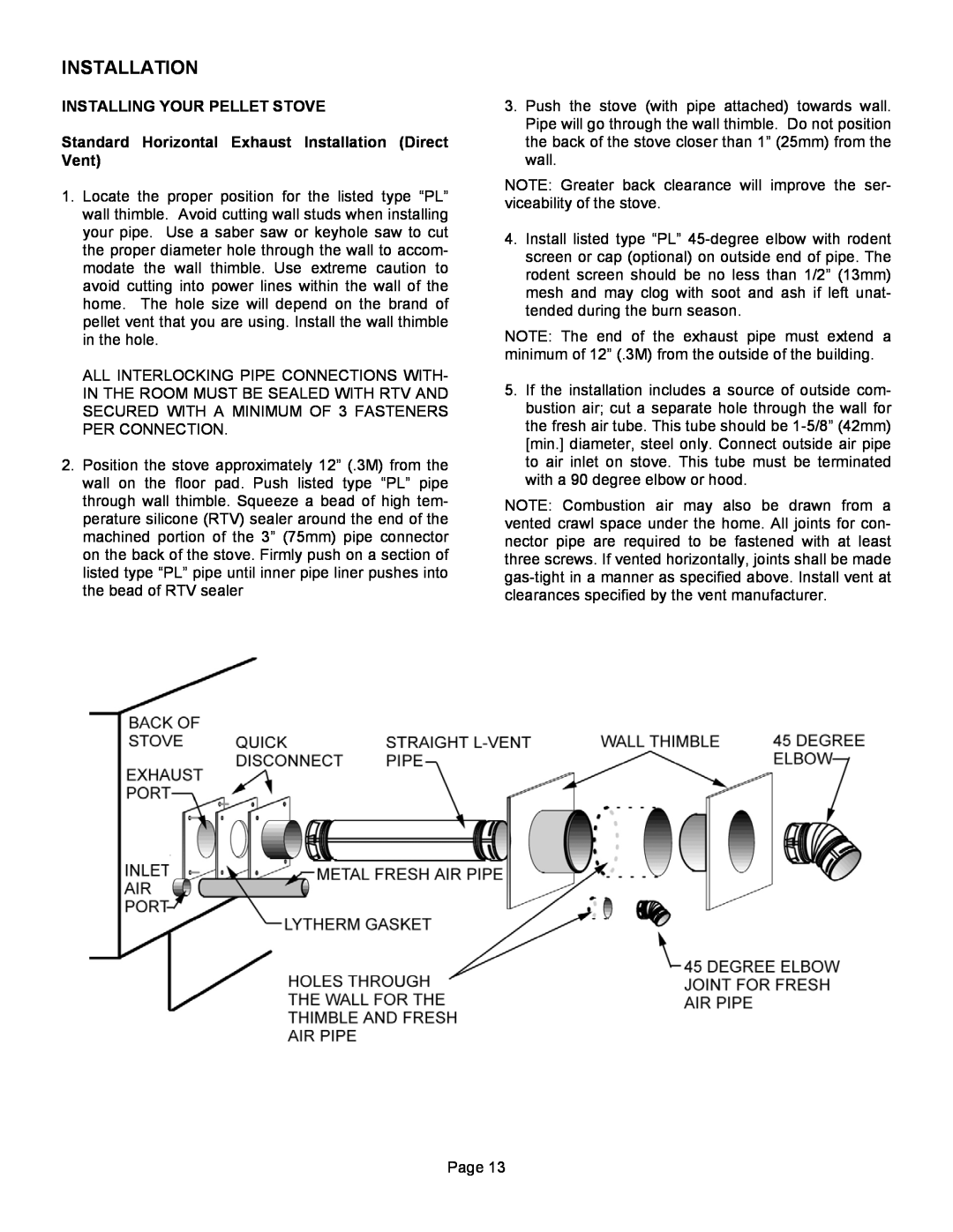 Lennox Hearth T300P operation manual Installation, Installing Your Pellet Stove 