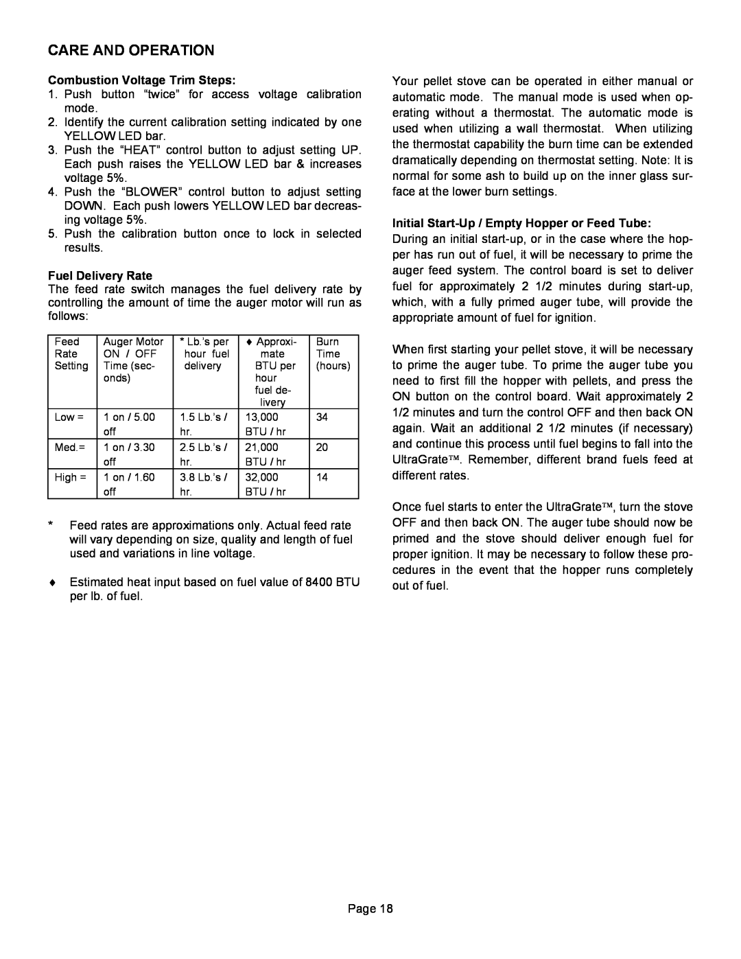 Lennox Hearth T300P operation manual Care And Operation, Combustion Voltage Trim Steps, Fuel Delivery Rate 