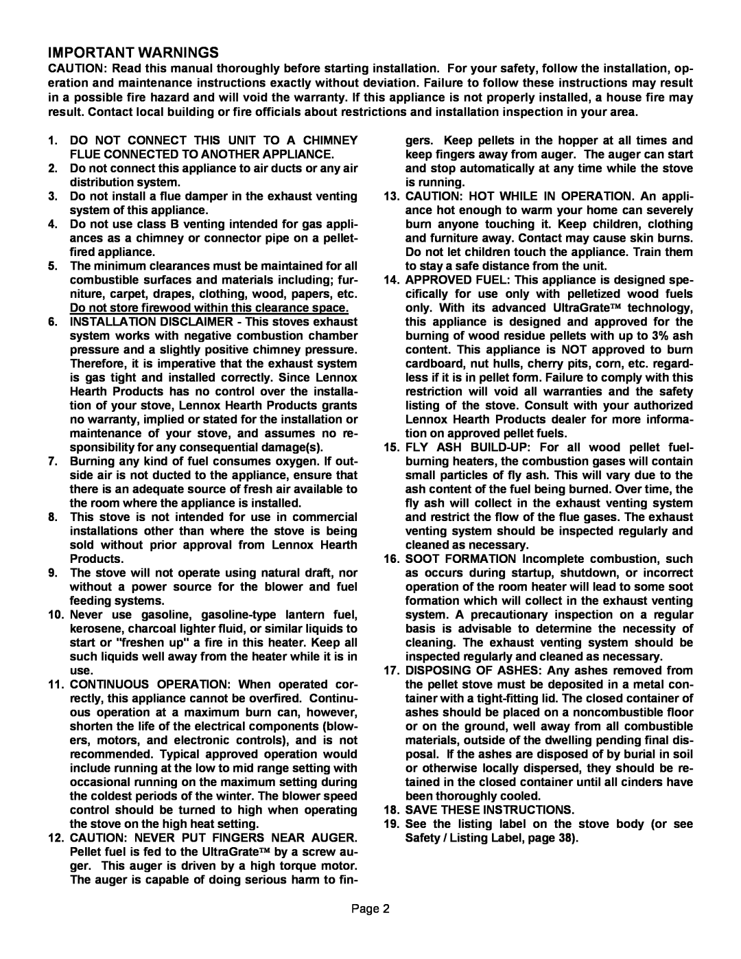 Lennox Hearth T300P operation manual Important Warnings 