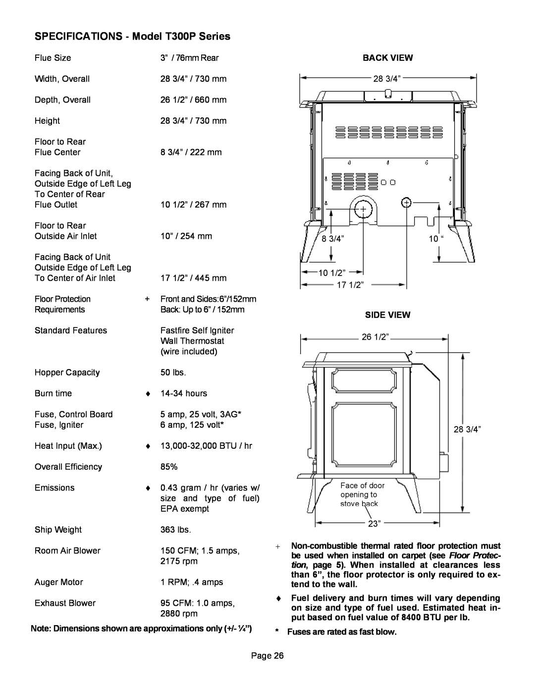 Lennox Hearth operation manual SPECIFICATIONS - Model T300P Series 