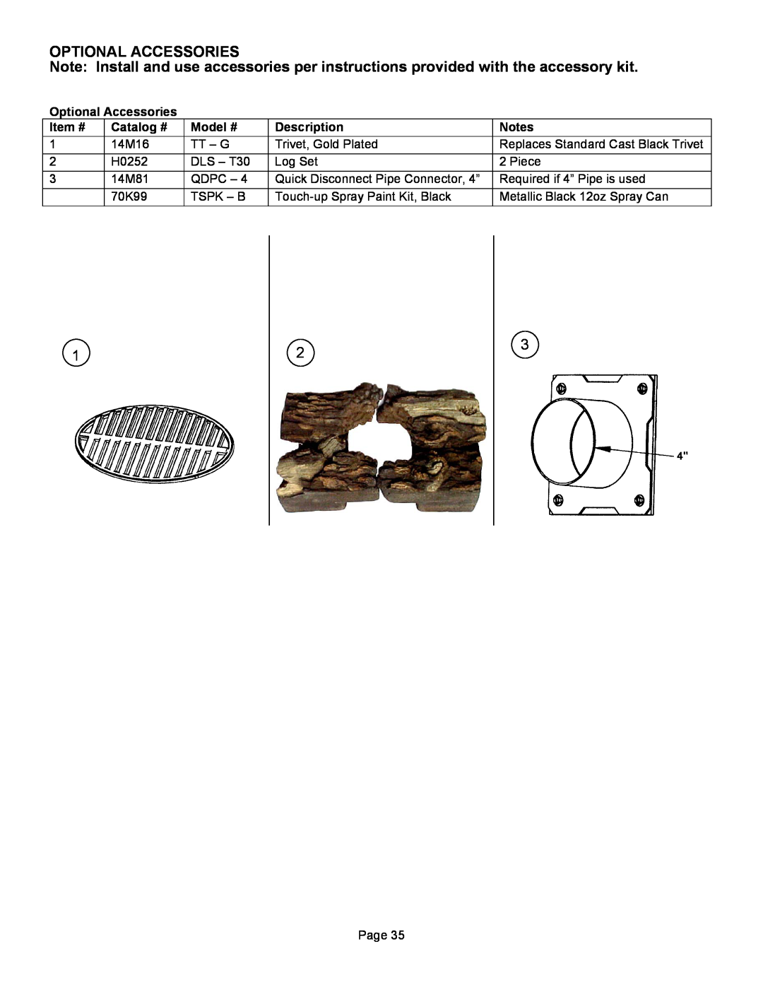 Lennox Hearth T300P operation manual Optional Accessories, Item #, Catalog #, Model #, Description 