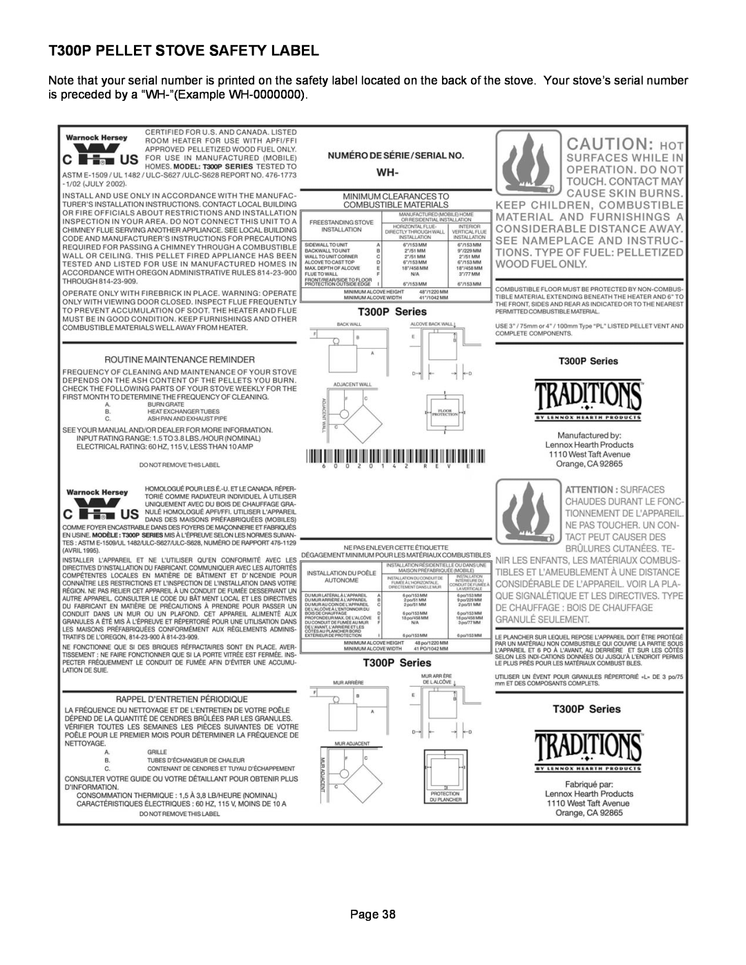 Lennox Hearth operation manual T300P PELLET STOVE SAFETY LABEL, Page 
