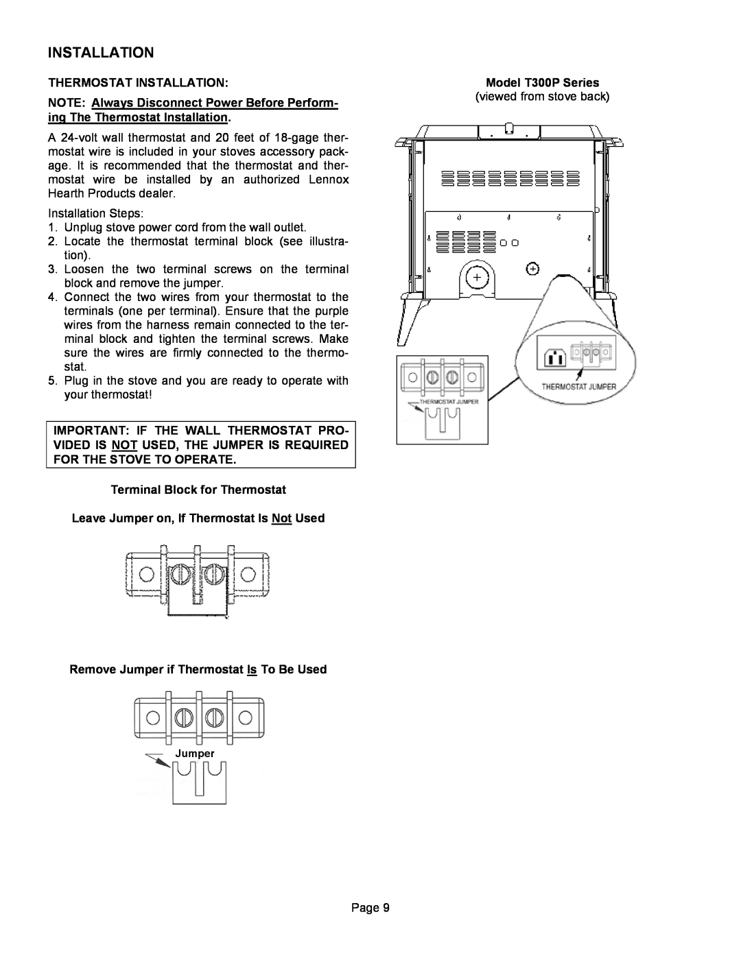 Lennox Hearth T300P Thermostat Installation, Terminal Block for Thermostat, Leave Jumper on, If Thermostat Is NotUsed 