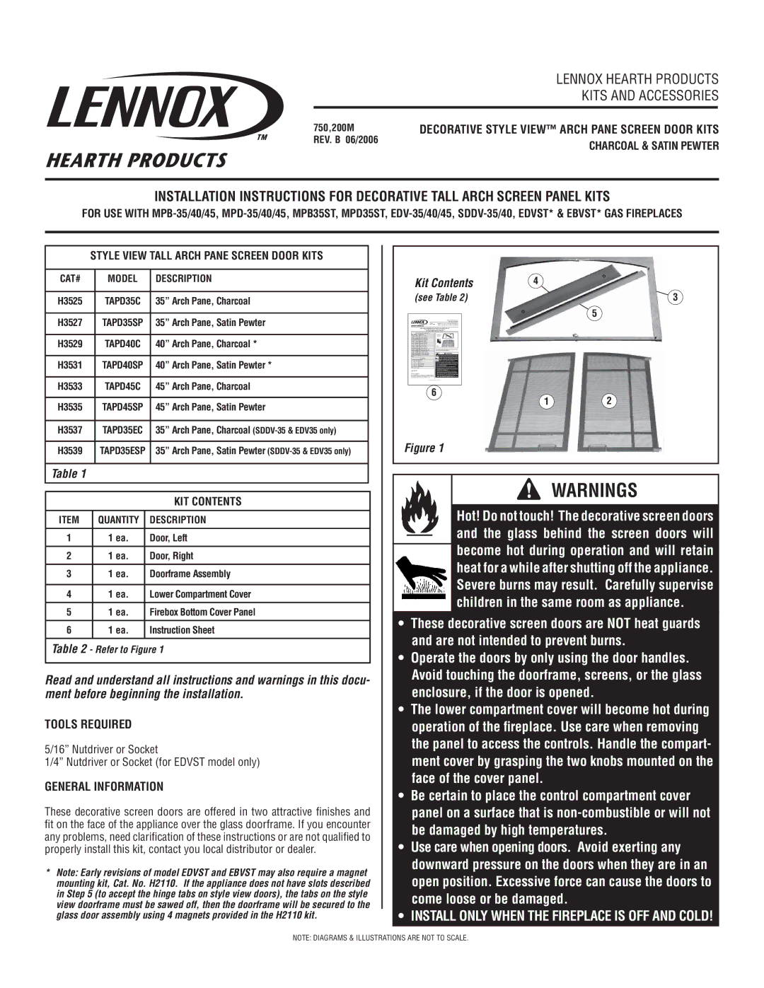 Lennox Hearth TAPD35SP, TAPD45SP, TAPD40SP, TAPD35ESP, TAPD45C, TAPD35C instruction sheet Kits and Accessories, Kit Contents 