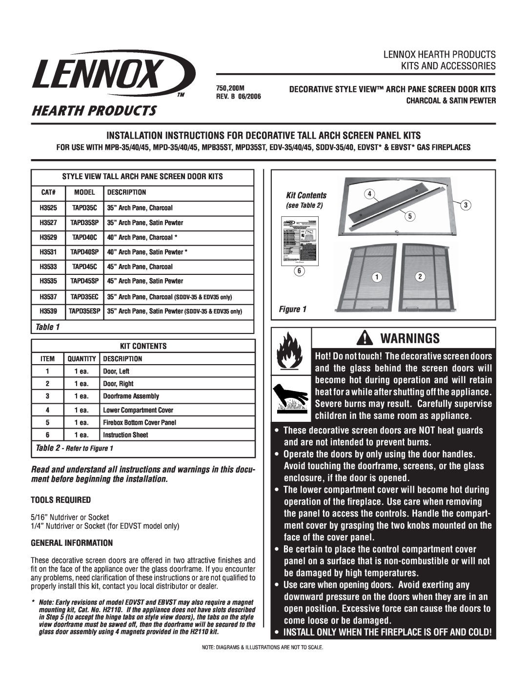 Lennox Hearth TAPD35SP, TAPD45SP instruction sheet Kit Contents, Warnings, Lennox Hearth Products, Kits And Accessories 