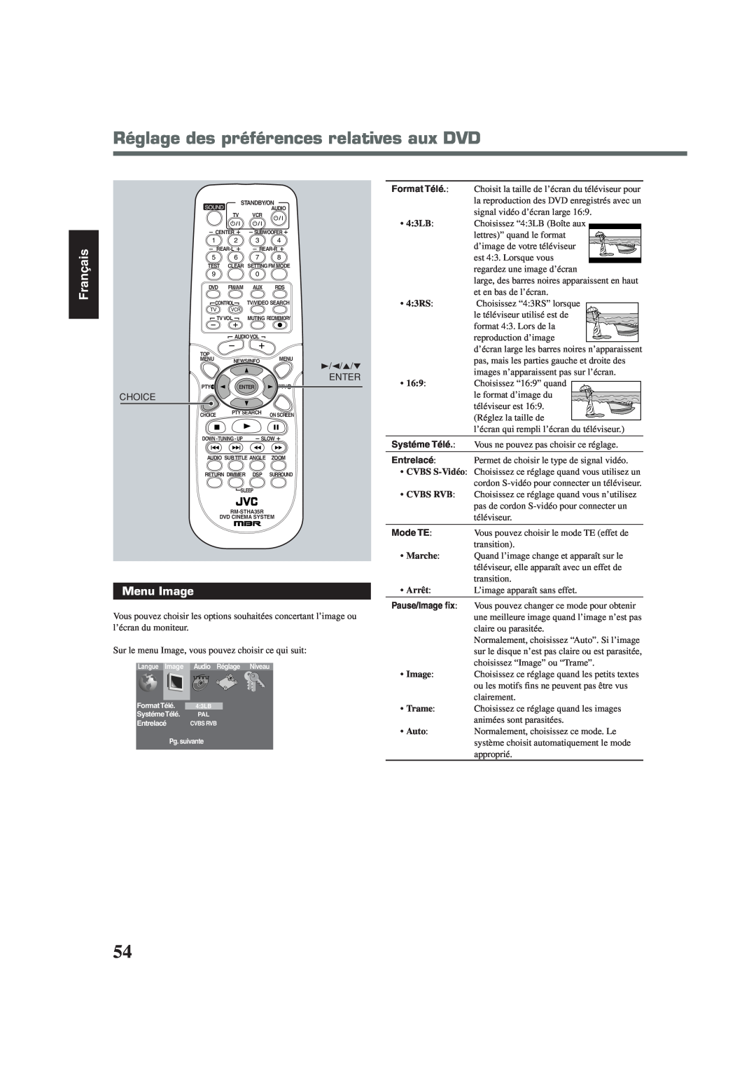 Lennox Hearth TH-A35 manual Réglage des préférences relatives aux DVD, Menu Image, Français, Enter, Choice, Systéme Télé 