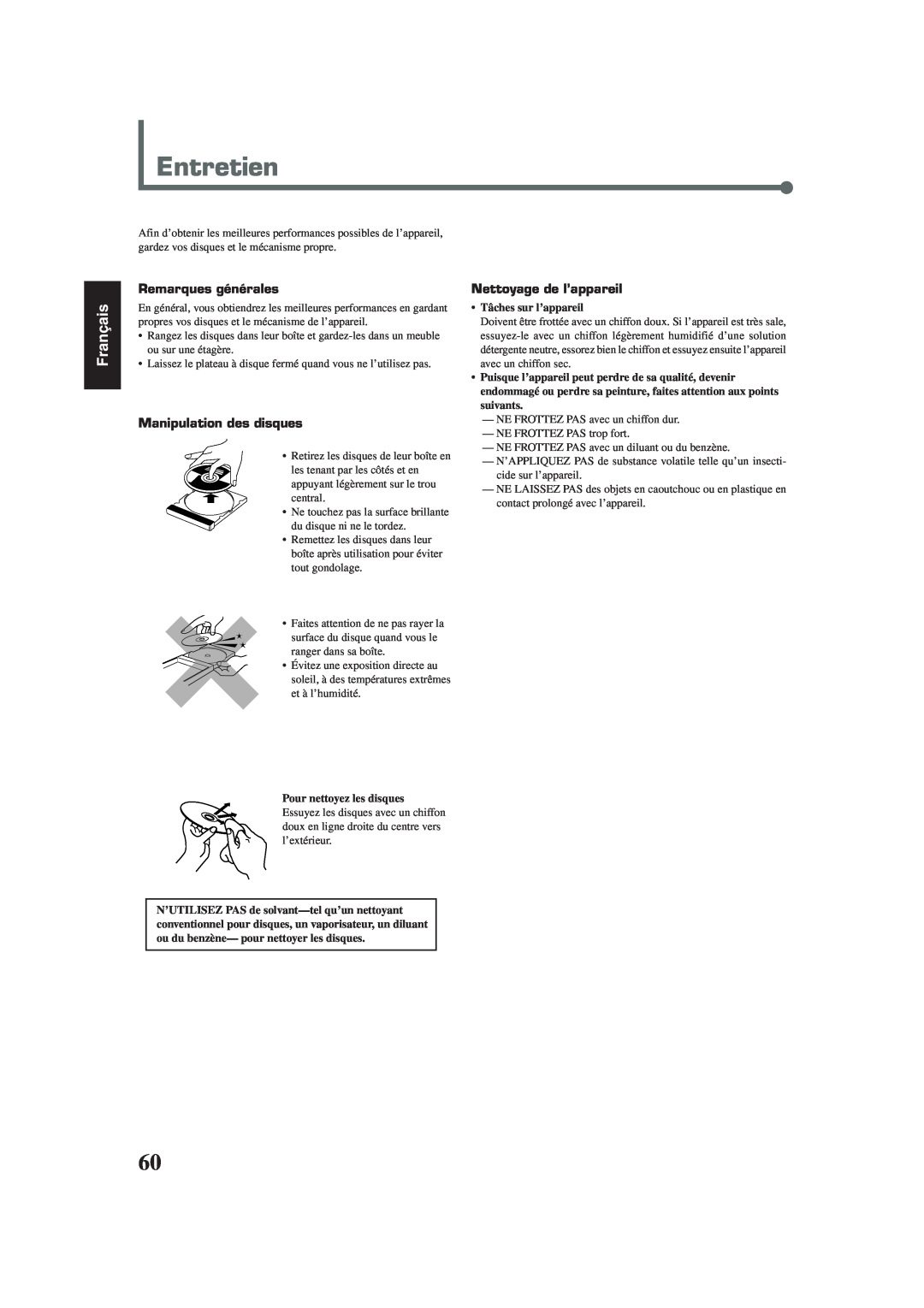 Lennox Hearth TH-A35 manual Entretien, Français, Remarques générales, Manipulation des disques, Nettoyage de l’appareil 