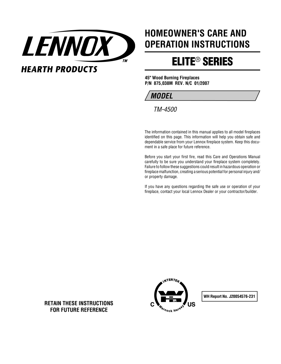 Lennox Hearth TM-4500 manual Retain These Instructions For Future Reference 