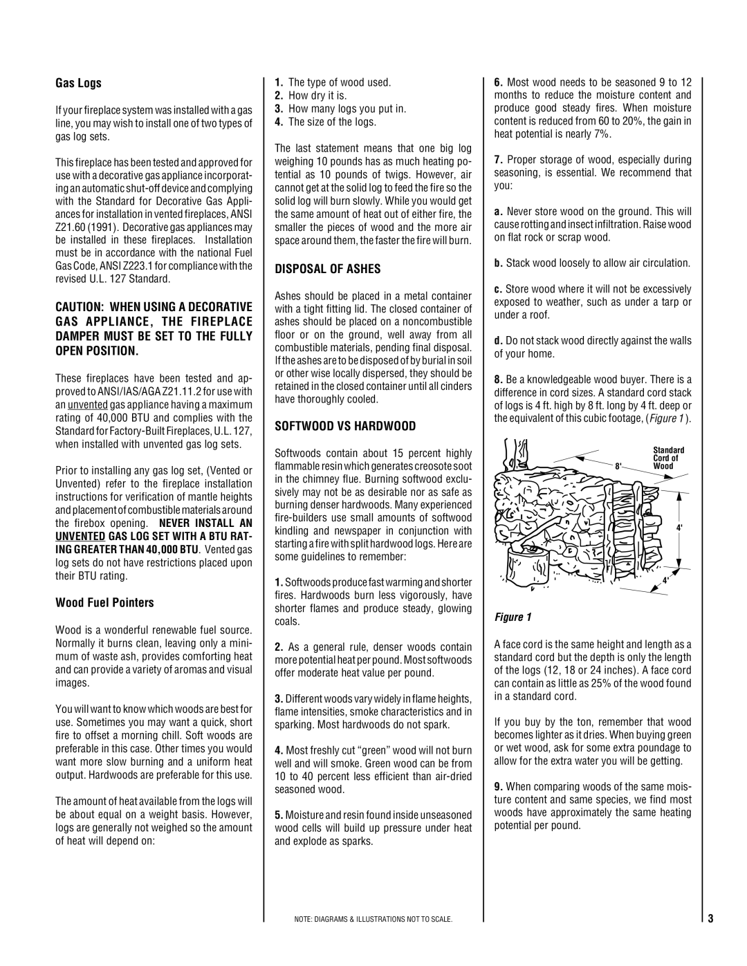 Lennox Hearth TM-4500 manual Gas Logs, Wood Fuel Pointers, Disposal of Ashes, Softwood VS Hardwood 