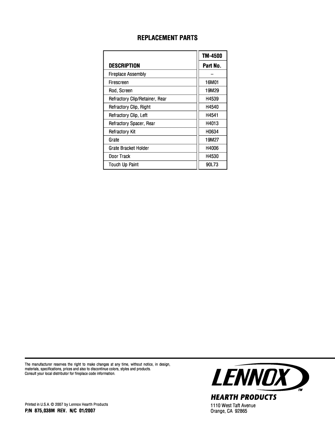 Lennox Hearth TM-4500 manual Replacement Parts, Description, P/N 875,038M REV. N/C 01/2007 