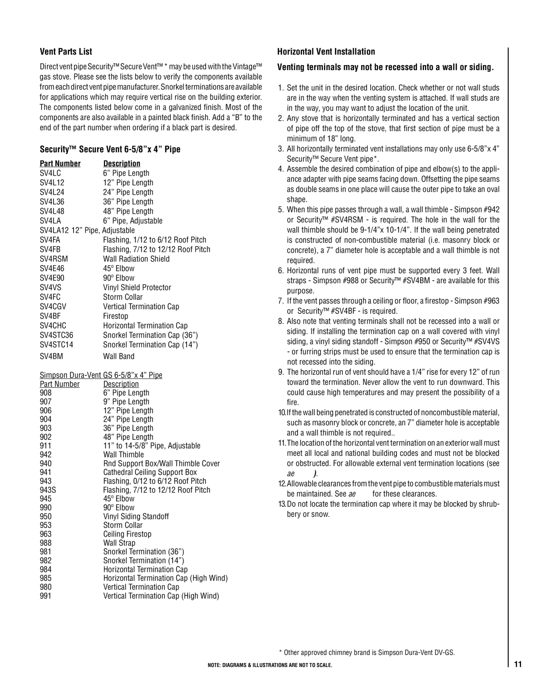 Lennox Hearth VIN operation manual Vent Parts List, Security Secure Vent 6-5/8x 4 Pipe, Horizontal Vent Installation 