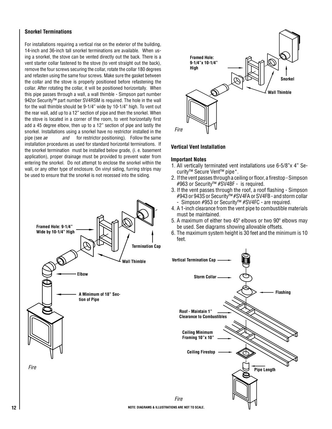 Lennox Hearth VIN operation manual Snorkel Terminations, Vertical Vent Installation Important Notes 