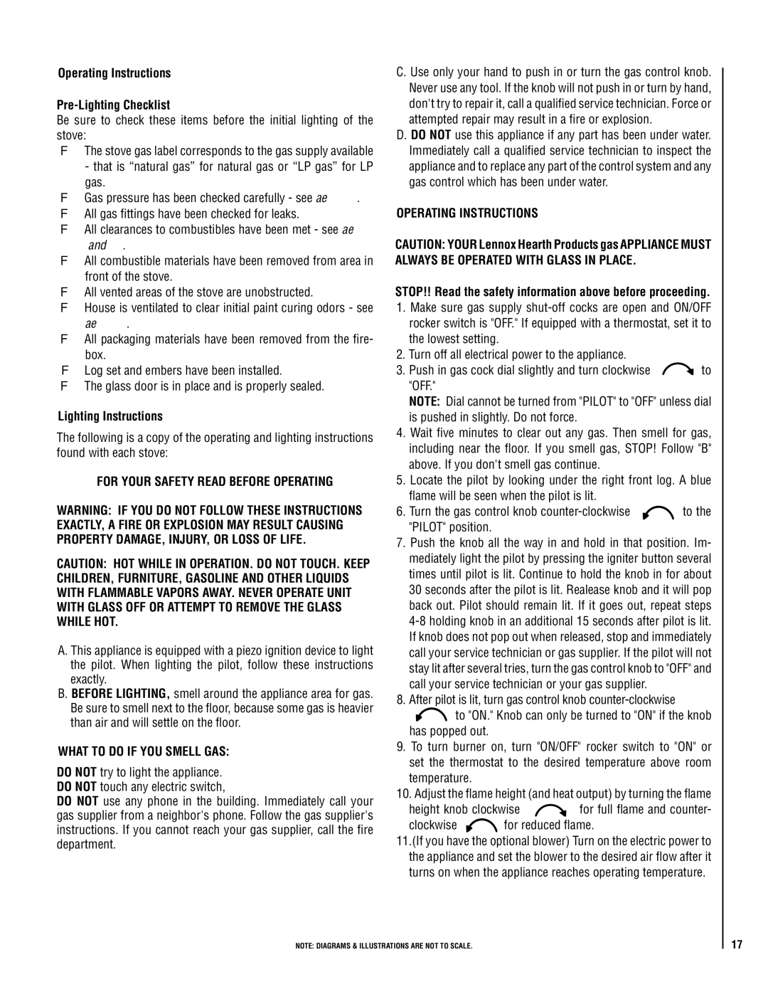 Lennox Hearth VIN operation manual Operating Instructions Pre-Lighting Checklist, For Your Safety Read Before Operating 