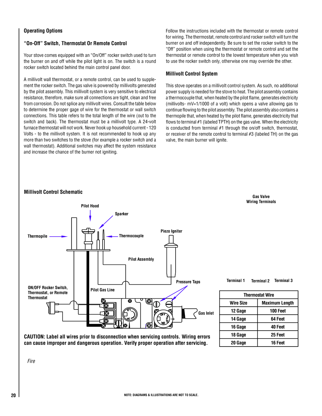 Lennox Hearth VIN operation manual Millivolt Control Schematic, Thermostat Wire, Gage Feet 