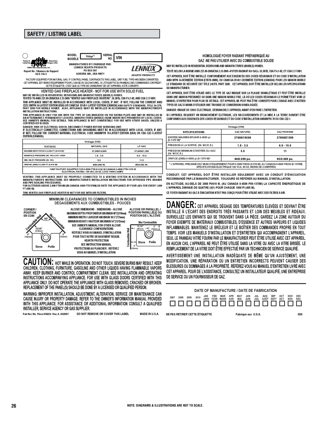 Lennox Hearth VIN operation manual Safety / Listing Label, Vin 