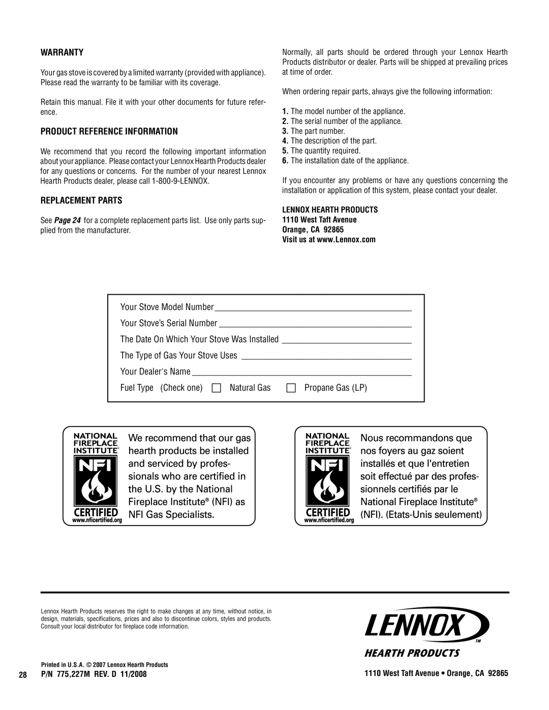 Lennox Hearth VIN operation manual Warranty, Product reference information, Replacement parts, 775,227M REV. D 11/2008 