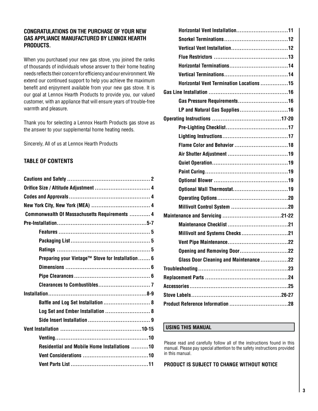 Lennox Hearth VIN operation manual Table of Contents 