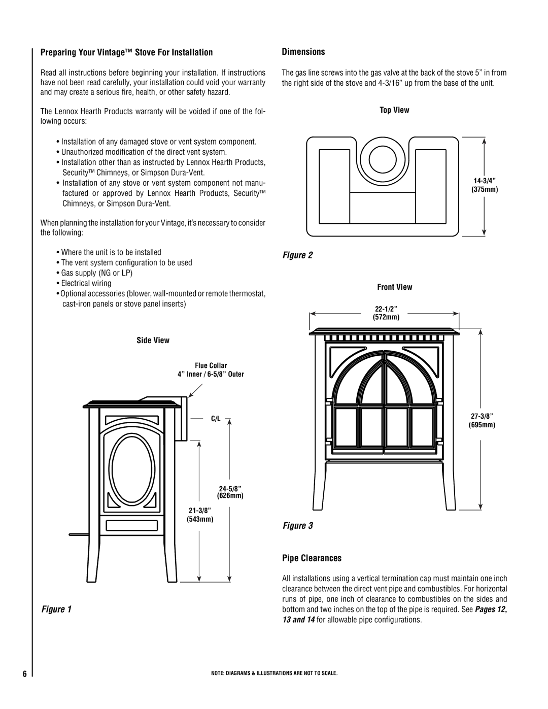 Lennox Hearth VIN operation manual Preparing Your Vintage Stove For Installation, Dimensions, Pipe Clearances 