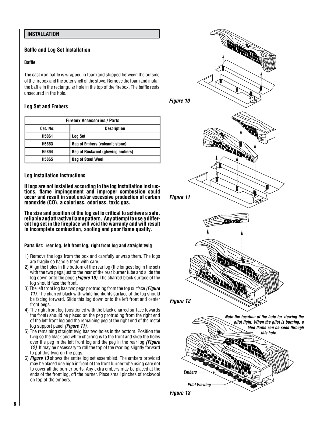 Lennox Hearth VIN operation manual Baffle and Log Set Installation, Log Set and Embers, Log Installation Instructions 