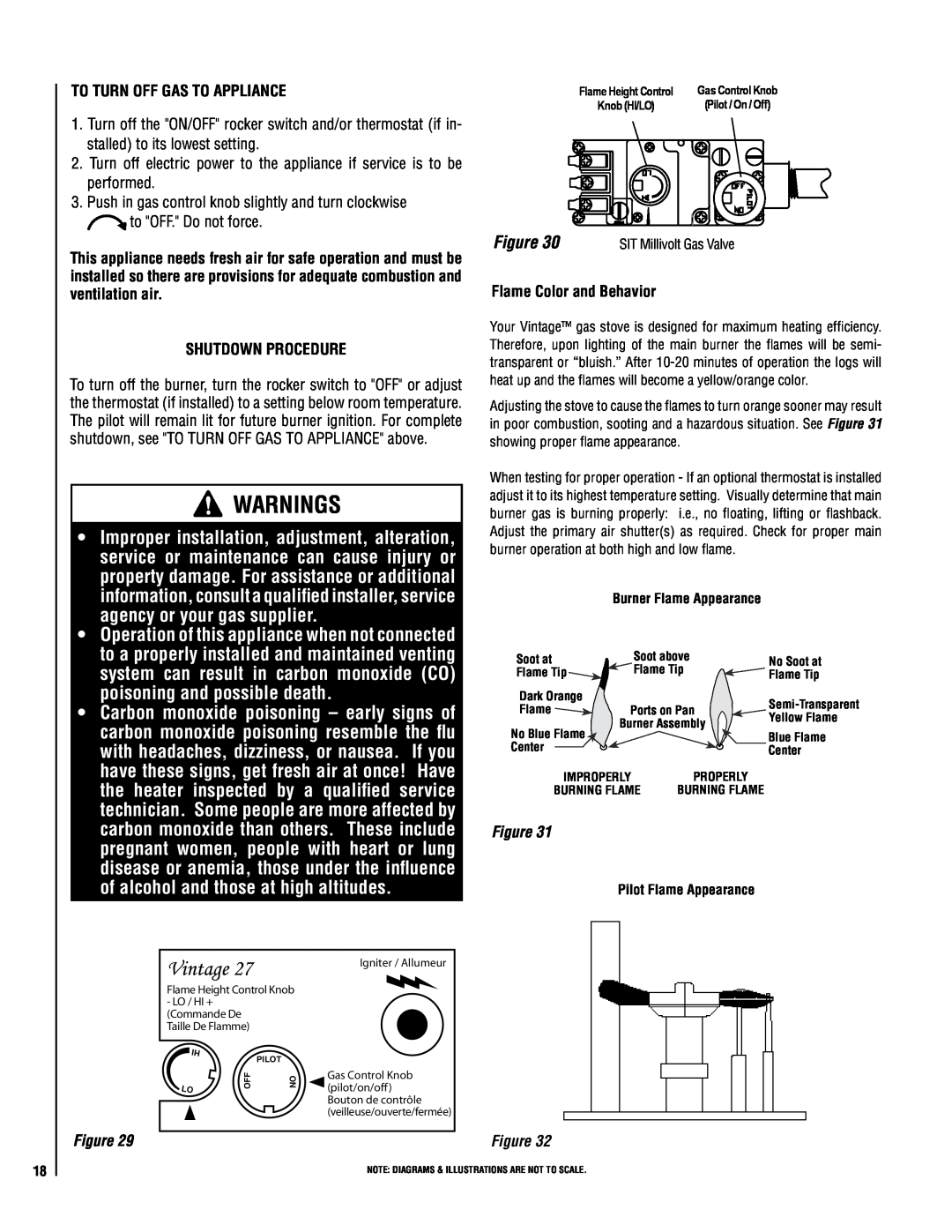 Lennox Hearth VIN operation manual Warnings, To Turn Off Gas To Appliance, Shutdown Procedure, Flame Color and Behavior 