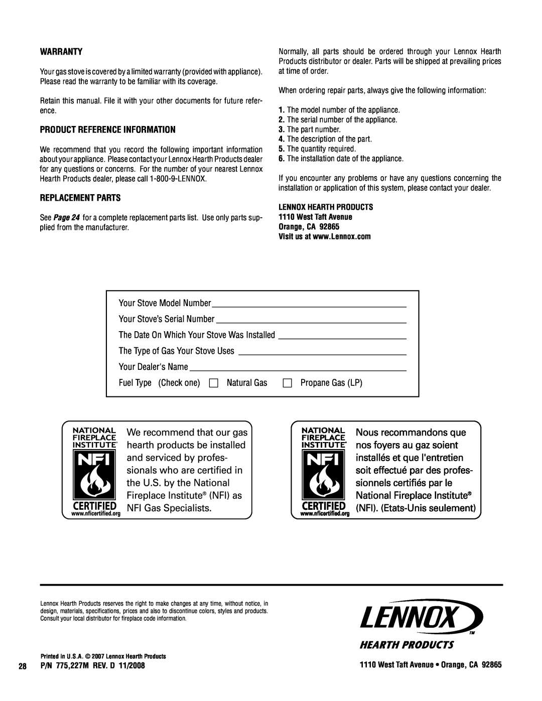 Lennox Hearth VIN operation manual Warranty, Product reference information, Replacement parts 