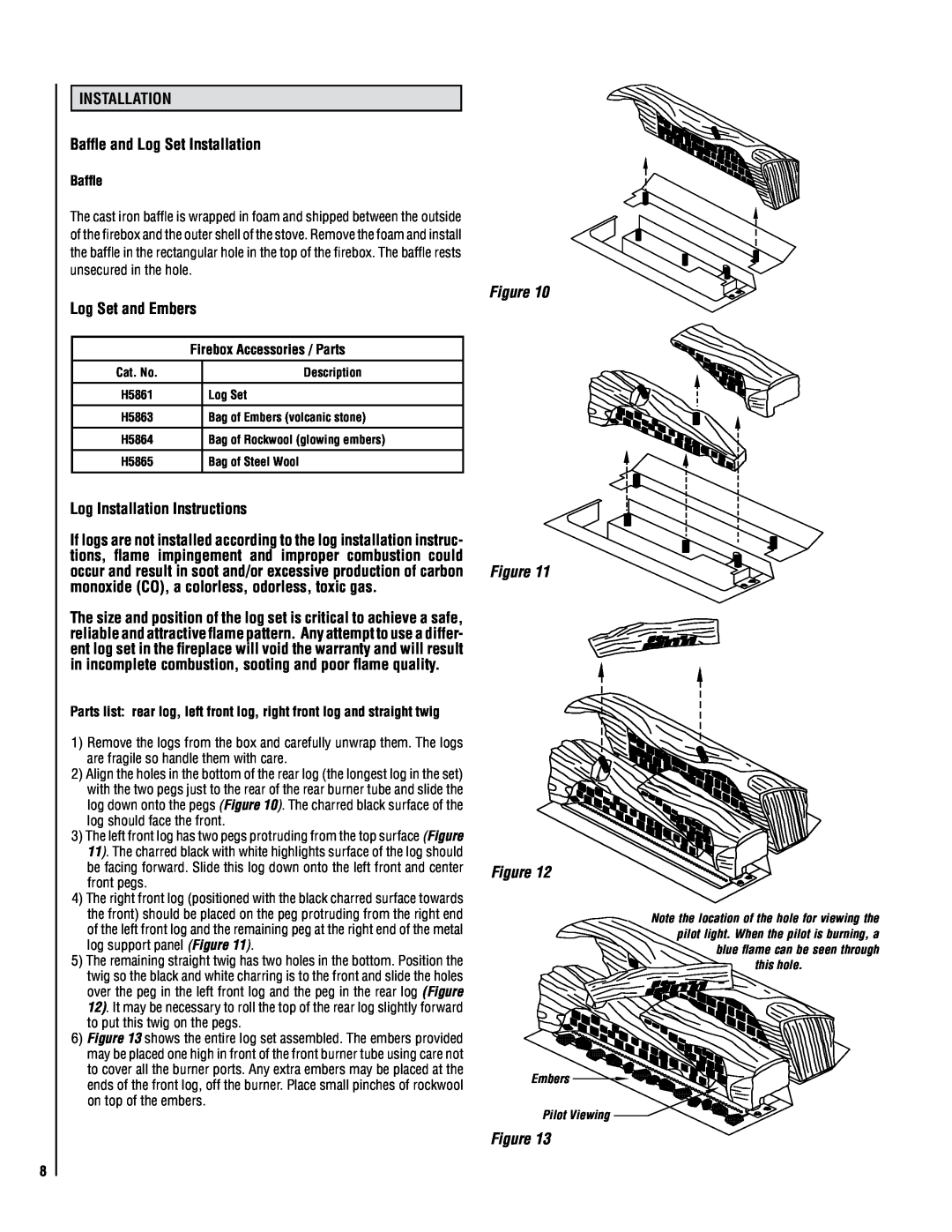 Lennox Hearth VIN INSTALLATION Baffle and Log Set Installation, Log Set and Embers, Log Installation Instructions 