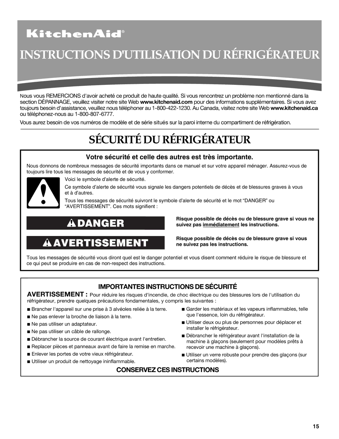 Lennox Hearth W10167098A installation instructions Instructions Dutilisation DU Réfrigérateur, Sécurité DU Réfrigérateur 