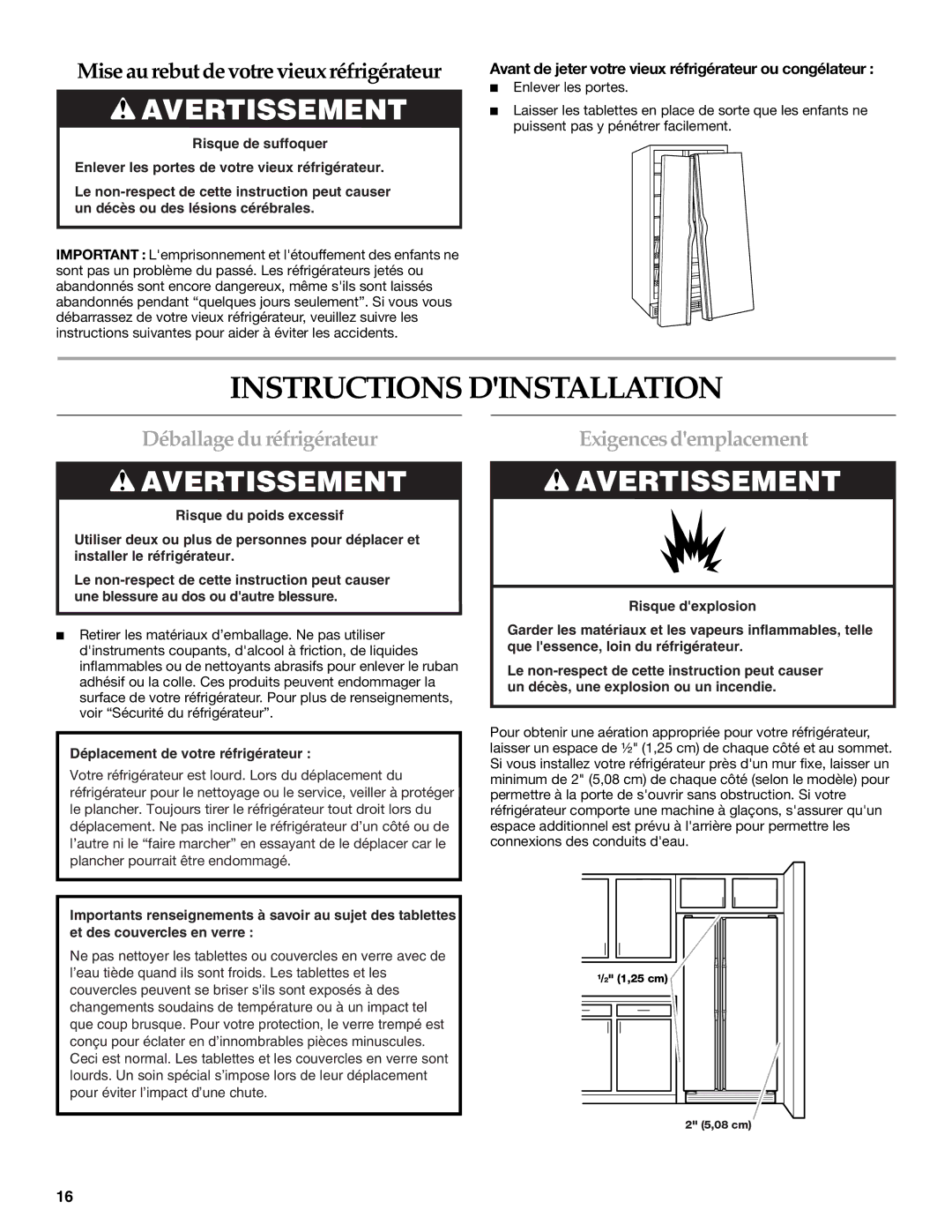 Lennox Hearth W10167098A Instructions Dinstallation, Déballage du réfrigérateur, Exigences demplacement 