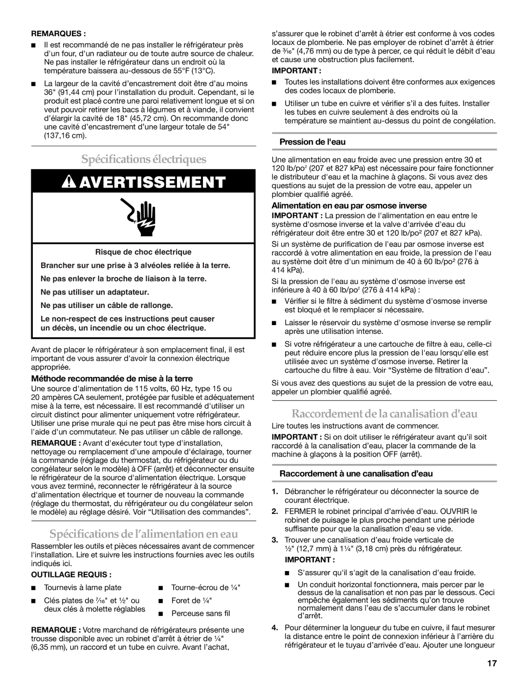 Lennox Hearth W10167098A installation instructions Spécifications électriques, Spécifications de l’alimentation en eau 