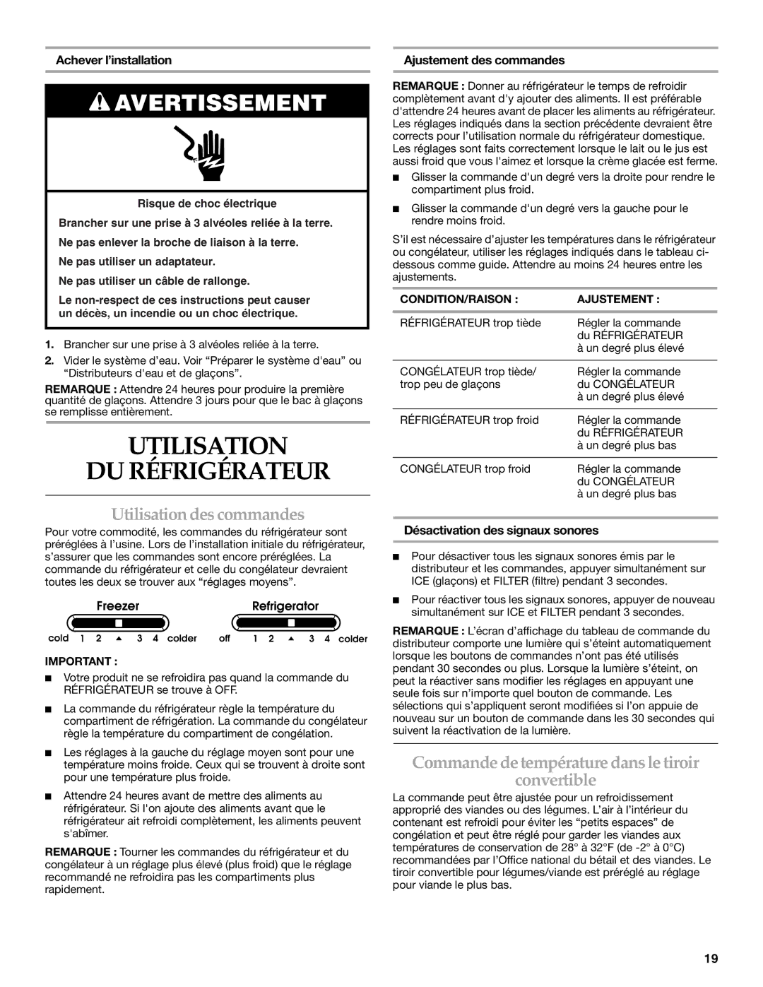 Lennox Hearth W10167098A installation instructions Utilisation DU Réfrigérateur, Utilisation des commandes 