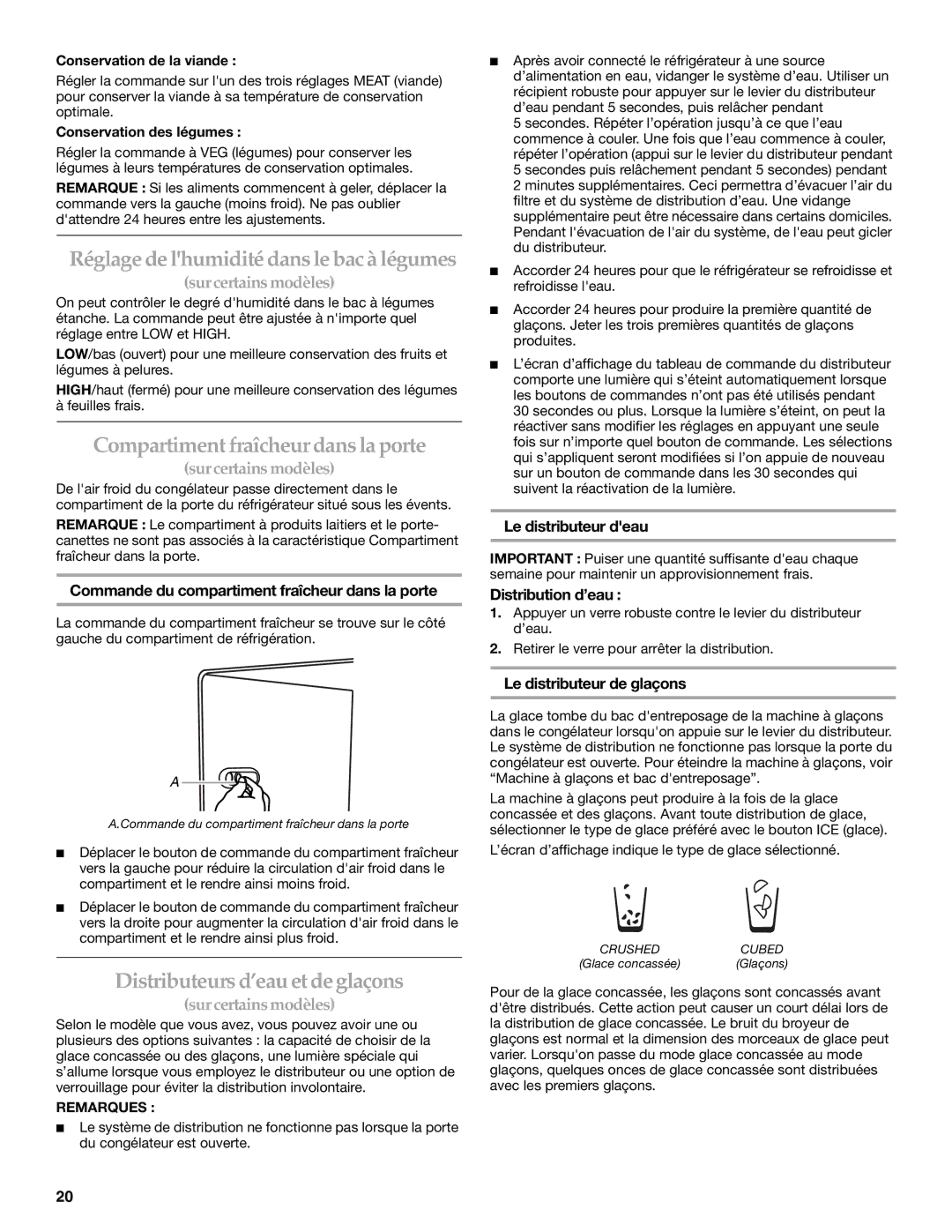 Lennox Hearth W10167098A Réglage de lhumidité dans le bac à légumes, Compartiment fraîcheur dans la porte 