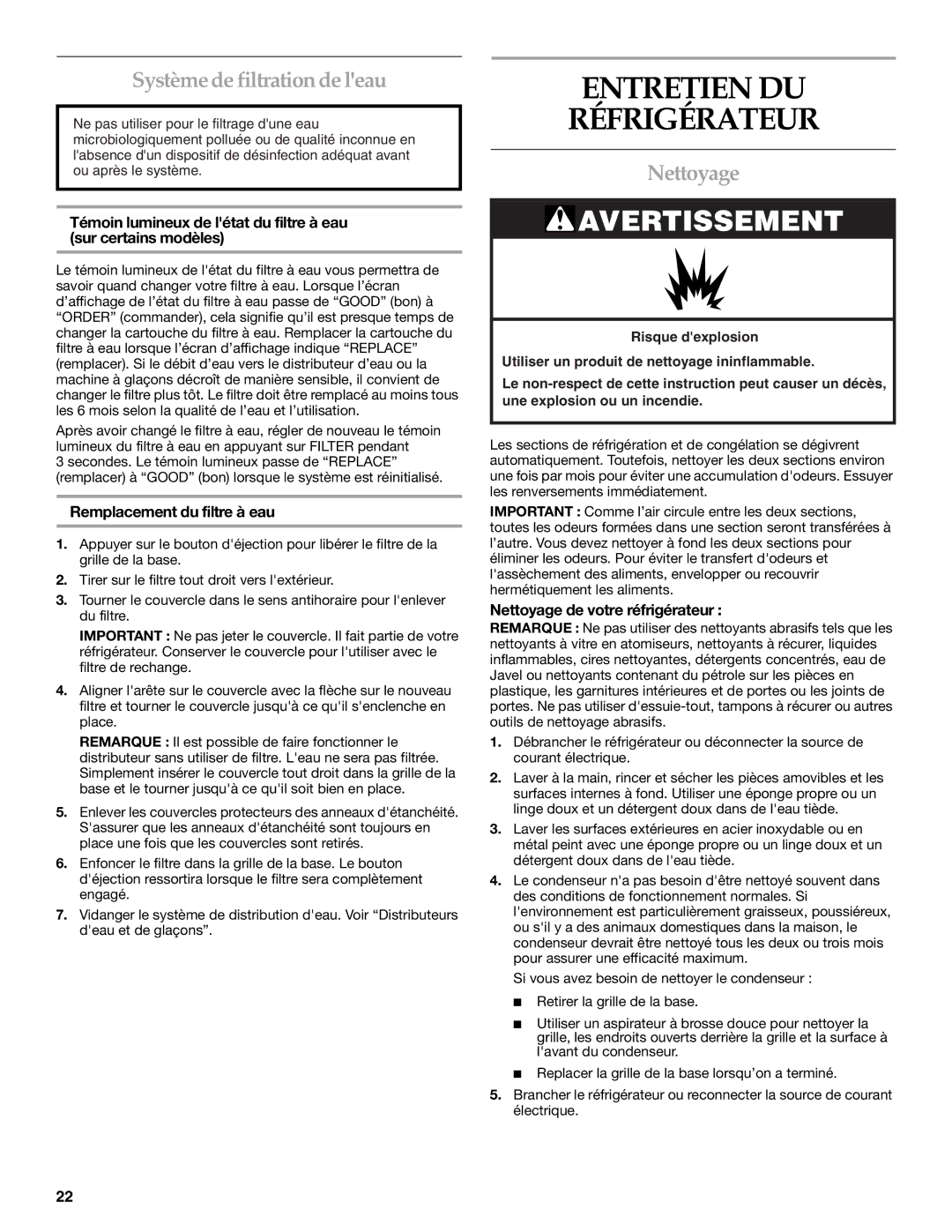 Lennox Hearth W10167098A installation instructions Entretien DU Réfrigérateur, Système de filtration de leau, Nettoyage 