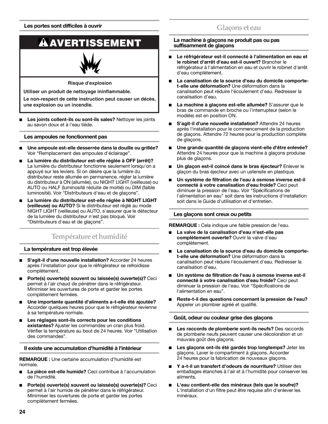 Lennox Hearth W10167098A installation instructions Température et humidité, Glaçons et eau 