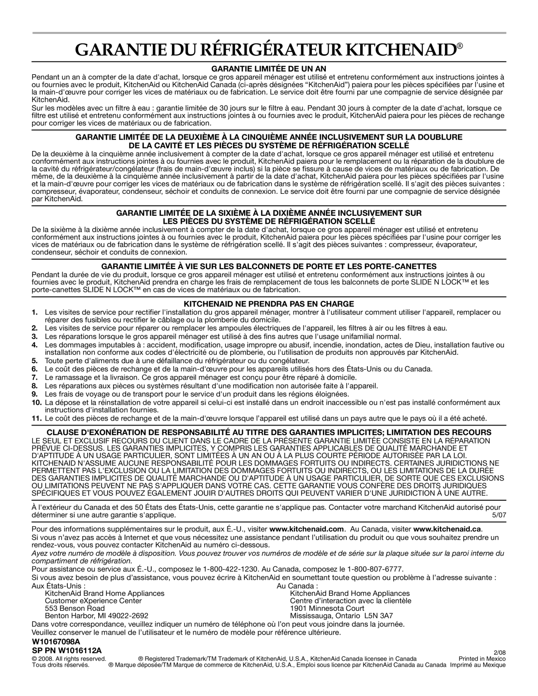 Lennox Hearth W10167098A installation instructions Garantie DU Réfrigérateur Kitchenaid, Garantie Limitée DE UN AN 