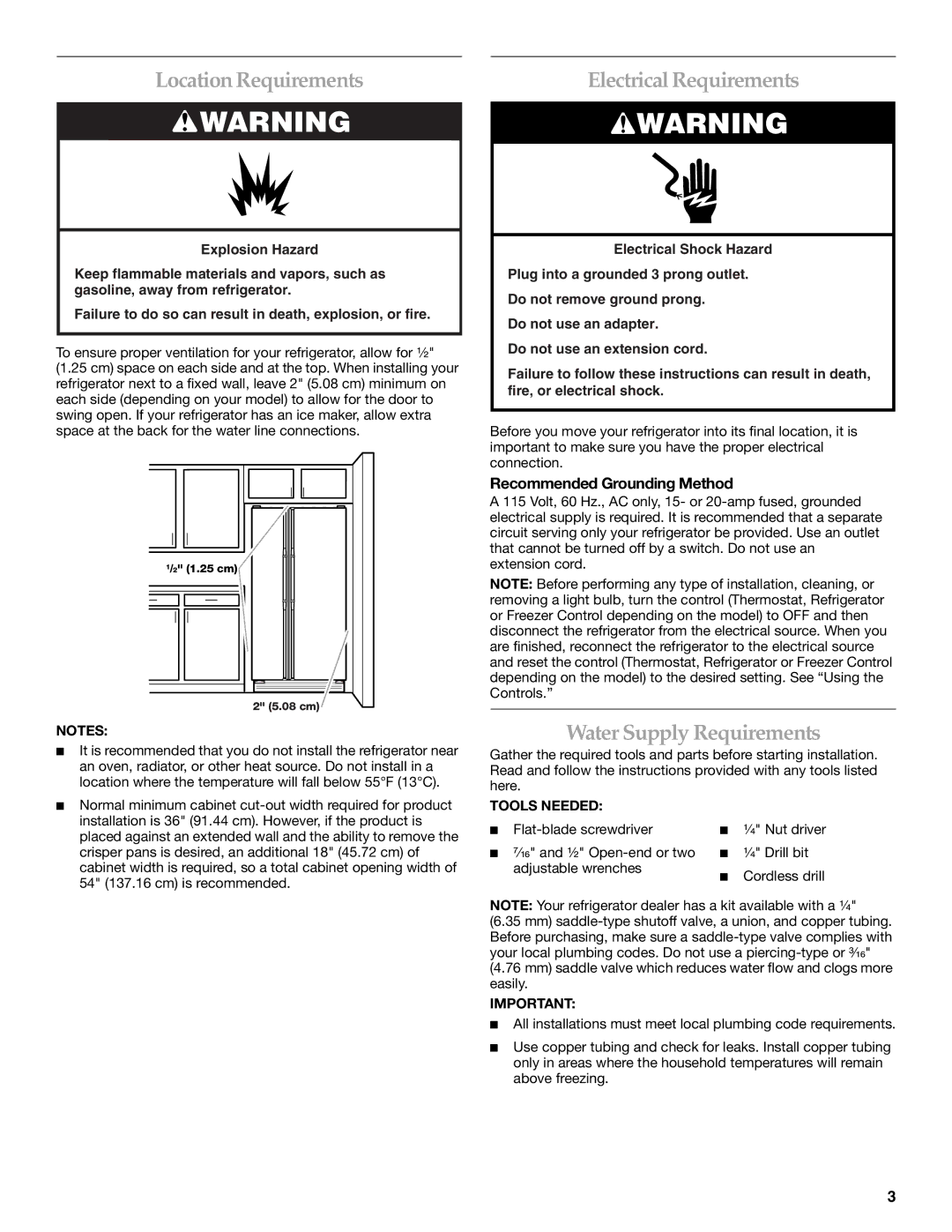 Lennox Hearth W10167098A Location Requirements, Electrical Requirements, Water Supply Requirements, Tools Needed 