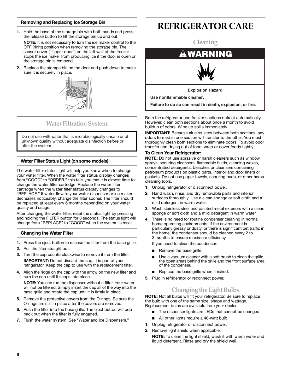 Lennox Hearth W10167098A Refrigerator Care, Water Filtration System, Cleaning, Changing the Light Bulbs 