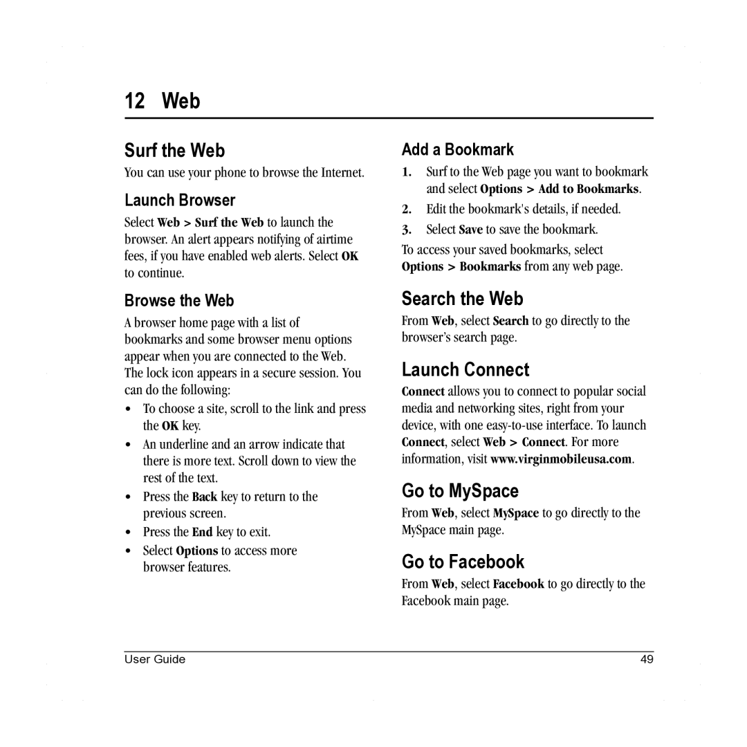 Lennox Hearth X-TC manual 12 Web, Surf the Web, Search the Web, Launch Connect Go to MySpace, Go to Facebook 