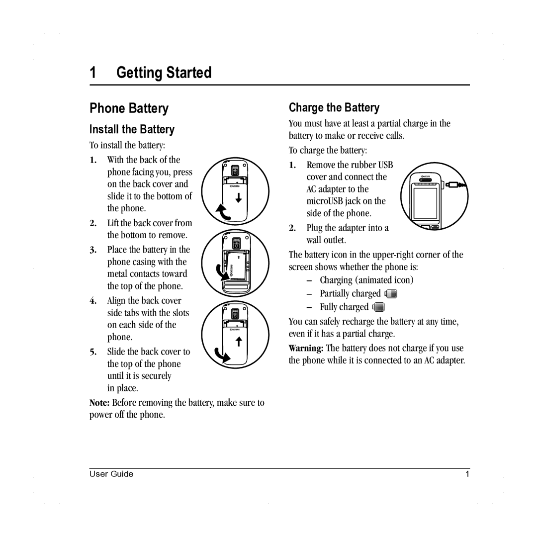 Lennox Hearth X-TC manual Getting Started, Phone Battery, Install the Battery, Charge the Battery 