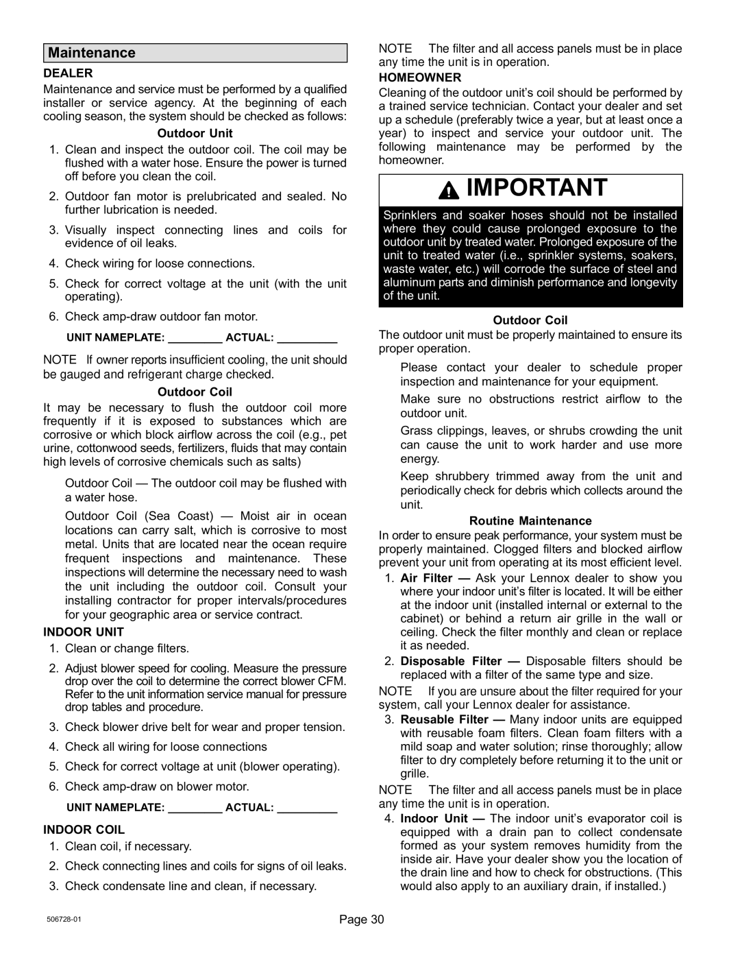 Lennox International Inc 06/11 50672801 installation instructions Maintenance, Dealer, Indoor Unit, Indoor Coil, Homeowner 