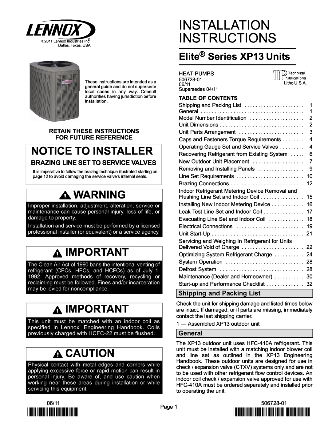 Lennox International Inc LENNOX Elite Series XP13 Units HEAT PUMPS installation instructions Notice To Installer, 2P0611 