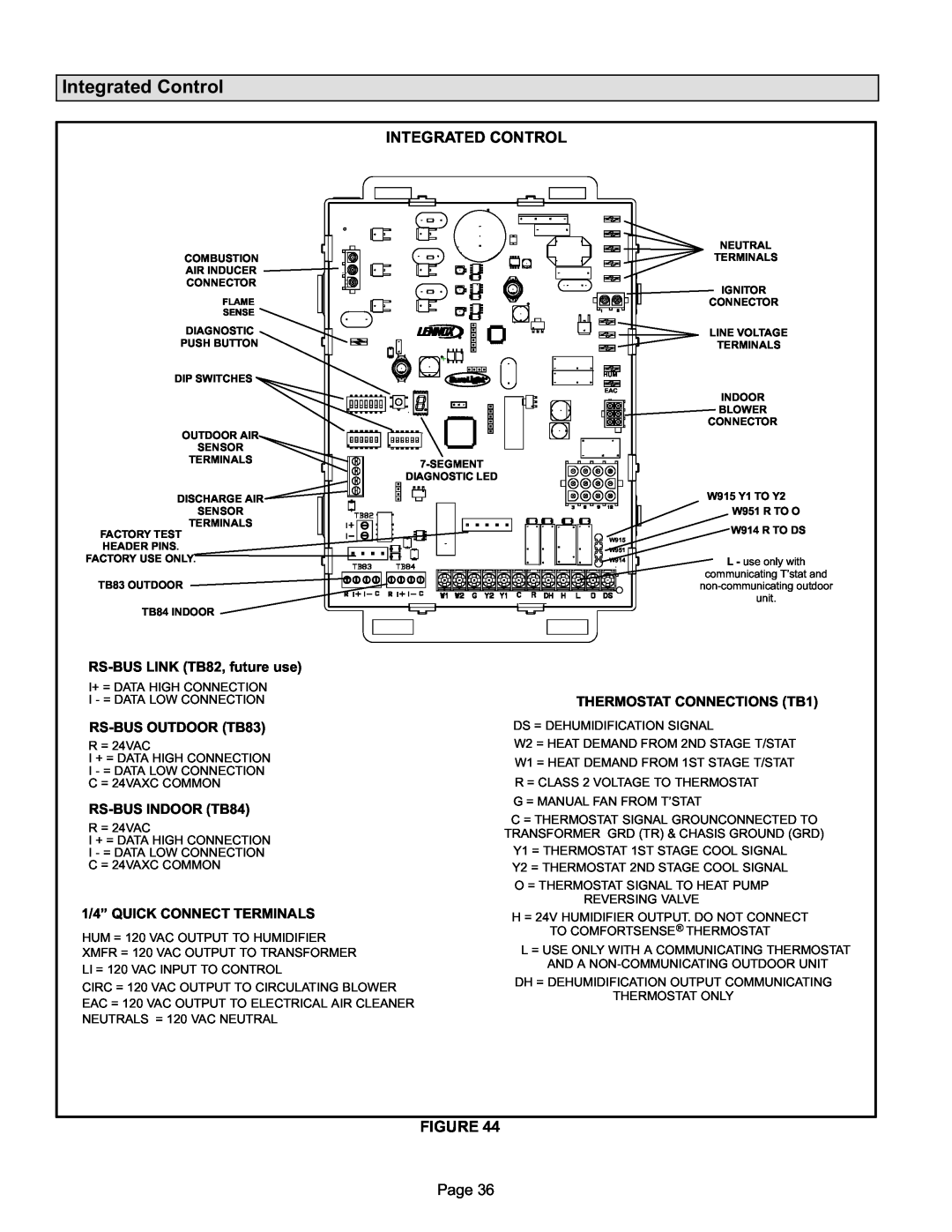 Lennox International Inc 090V36C, 070V36B, 110V60C, 090V60C installation instructions Integrated Control, Page 